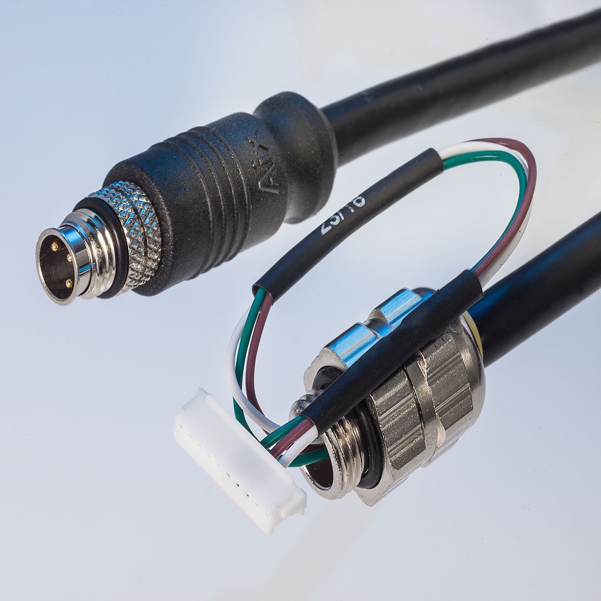 Custom tailored cable assemblies with M8, M12, Wire harness, cable Assembly with crimp style connector